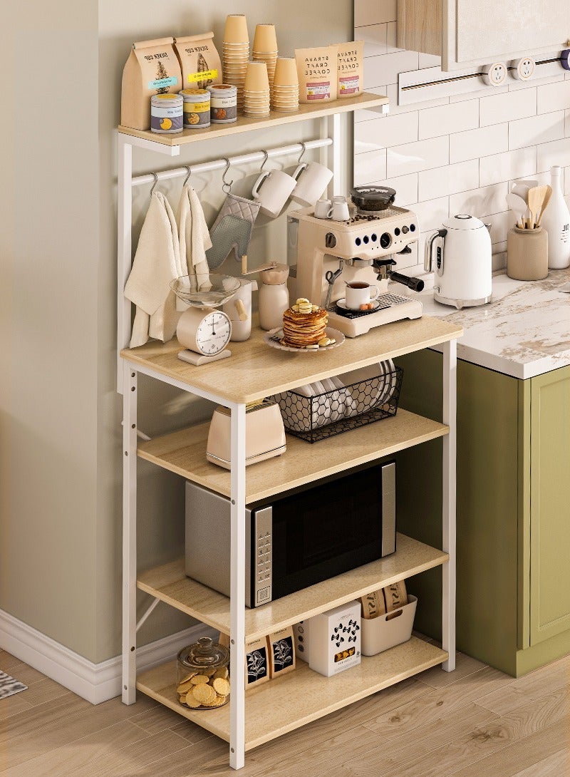 Kitchen Storage Rack, Coffee Corner Table with 4 Tiers, Kitchen Microwave Stand with 5 S-shaped Hooks, Kitchen Storage Shelf for Spices, Coffee Machine and Home Appliances